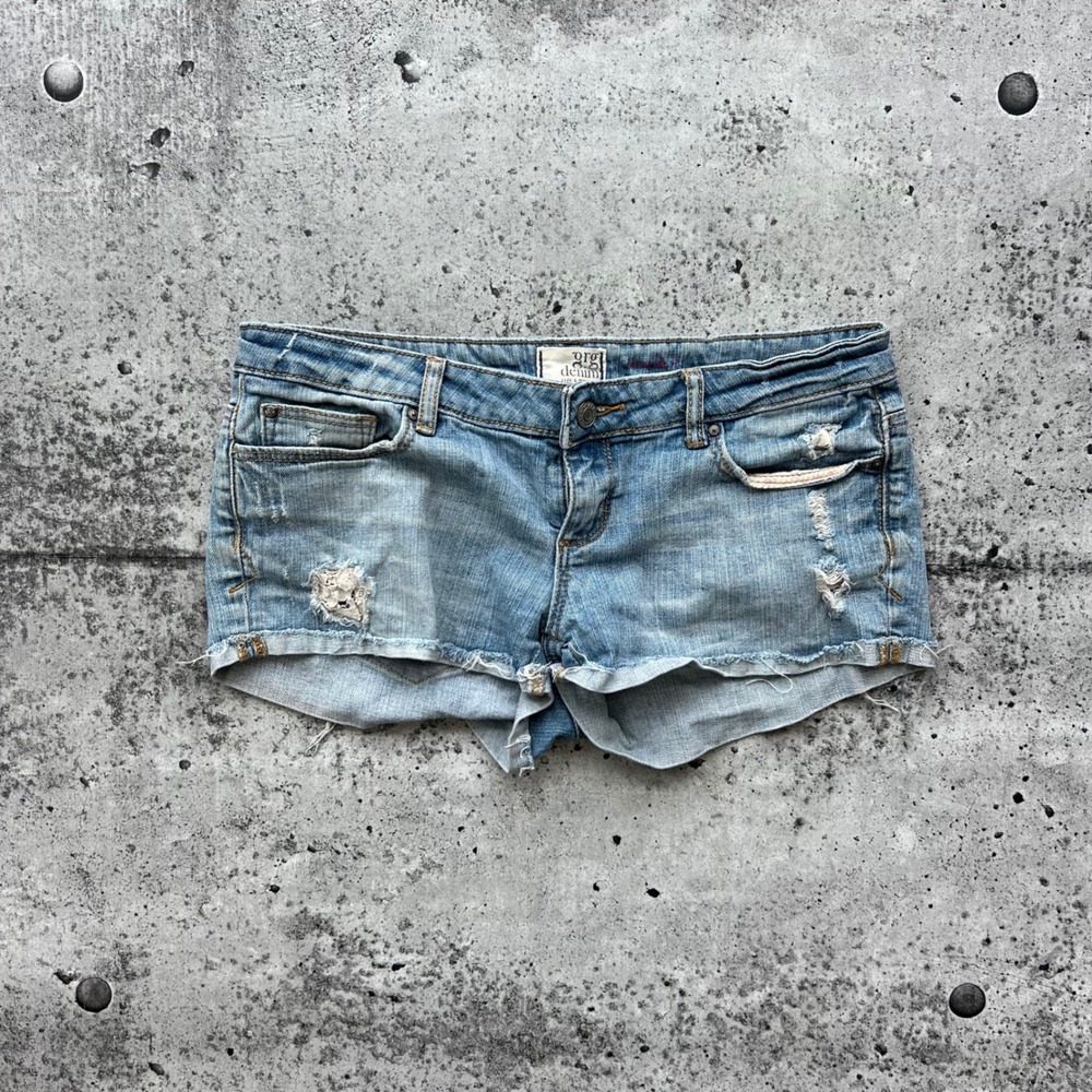 Y2K Garage Shorts Women 9 Blue Denim Distressed Lace Inlay Low Rise Cut Offs